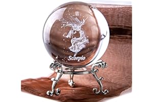 HDCRYSTALGIFTS Fermacarte in cristallo 3D a forma di costellazione laser, 60 mm, sfera completa di vetro Fengshui con supporto floreale placcato argento (Scorpione)