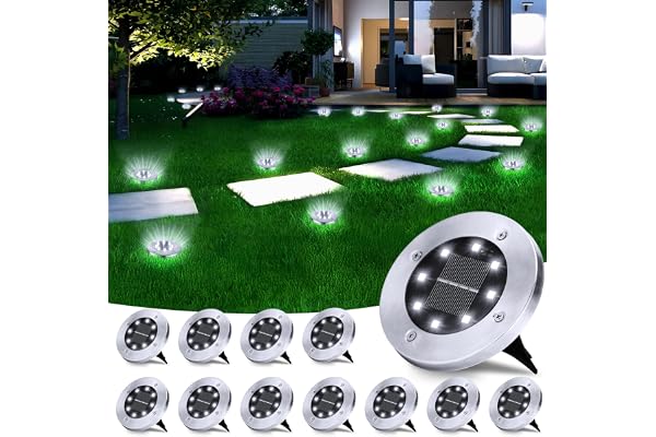 BrizLabs Lumière Solaire Extérieur, 12 Pièces 8 LED Spot Solaire Encastrable Jardin Blanc Froid Etanche Lumière Decorative pour Chemin Terrasse Cour Pelouse Souterraine Passerelle