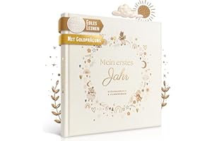 EULENTALER L'album per bambini il mio primo anno "SCANDI", progettato da educatori, con graziose illustrazioni dipinte a mano, copertina in lino + colore/oro goffrato, diario per bambini e ragazze per