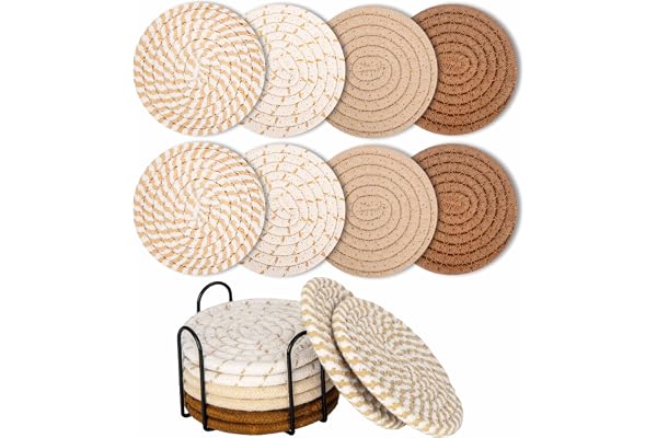 TOOINKCV 8 st underlägg för drycker, absorberande underlägg, flätade bomullstygsdryckesunderlägg, värmebeständiga, för hemmabruk, kaffebord, skrivbord, skydd för bordsyta