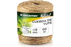 GRÜNTEK Cuerda de Yute Natural 6mm Cordel Sisal Rascador para Gatos 6mm x 1 Rollo 60 M - Cuerda Manualidades Hilo macramé para jardinería decoración Tarjetas de Regalo
