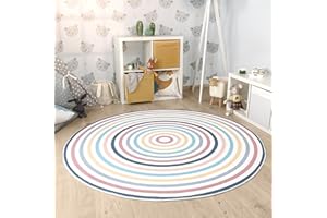 Paco Home Nursery Area Rug Kids Round Rug For Bedroom Girls Boys Rainbow Machine Washable Modern, Size:Ø 100 cm round, Colour:Multicolored 4