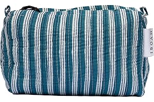 IBOAH Neceser de Viaje Organizador, Bolsa de Aseo, Bolso Maquillaje de algodón Acolchado para Mujeres, Hombres y recién Nacidos con Forrado Impermeable Interior (Azul Rayas, Mediano)