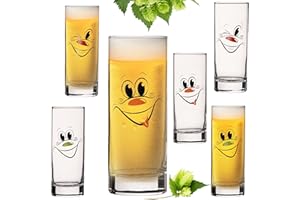 PLATINUX Bicchieri alti da birra in vetro da 300 ml (max 335 ml) set da 6 pezzi con divertenti volti di Colonia e birra, per carnevale