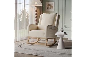 TIMORWTF Rocking Chair,Living Room Rocking Chair Interior,Silla mecedora con cojín lumbar,Sillón de lactancia de tela de lino con patas de madera maciza,Beige