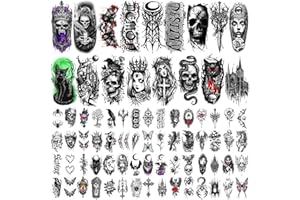 METUU 77 feuilles de tatouages ​​temporaires, faux tatouages ​​mystérieux d'horreur de style gothique pour adultes adolescents, grands tatouages ​​temporaires imperméables pour le maquillage d'horreur