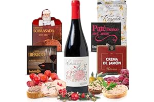 UNIVERSO GOURMET | Cesta Gourmet para Regalar | Vino Tinto Tempranillo 75cl + Patés y Cremas Ibéricas 70gr | Regaña Artesanal | Delicatessen Española para Degustar o Sorprender | Cesta Navidad