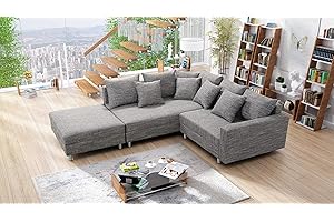 ‎KUECHEN-PREISBOMBE Küchen-Preisbombe Wohnlandschaft Sofa Couch Ecksofa Eckcouch Gewebestoff hellgrau + Hocker Minsk L