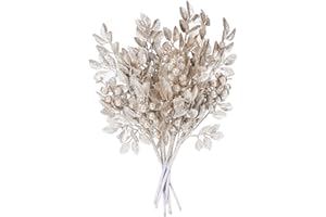 Sea Team 6-Pack Artificial Glitter Holly Berry Twigs, Bacca Stem Ornaments, Decorative Bead Sticks, Picks, Branches for Christmas Tree, Wreath, Vase Fillers, Champagne