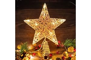 LAWOHO Christmas Tree Topper Star, diseño Hueco Rojo de 10 Pulgadas, Funciona con Pilas, árbol de Navidad, 3 Funciones con Temporizador, decoración para Navidad Festiva