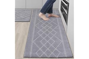 BEQHAUSE Kitchen Mats for Floor Washable Kitchen Rugs Sets of 2 Non Slip Kitchen Runner Rug Absorbent Standing Mat for Hallway, Laundry, 60X89cm+60X152cm, Grey