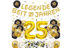 Tasoraor Deko 25 Geburtstag Mann Frau - 25. Geburtstagsdeko Girlande Schwarz Gold Luftballons und Konfetti, XXL Zahlenballon zum 25Jahre Geburtstagsparty Dekoration