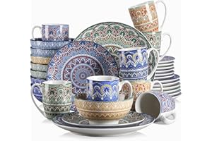 vancasso Dinner Sets for 8 People - Mandala Dinnerware Porcelain Dish Set Artisanal 32 Pieces with 10.6in Dinner Plate, 8.2in Dessert Plate, 700ml Bowl and 360ml Mug, Boho Colourful Tableware