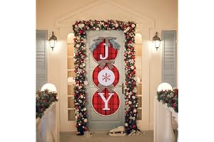 Joiedomi Christmas Joy Sign - Corona de búfalo a Cuadros para Puerta Delantera, arpillera rústica de Madera para decoración de Vacaciones para Ventana, Pared, casa de Campo, Interior y exterio