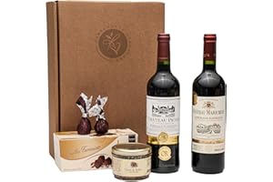 ‎FABELHAFTE GESCHENKE Geschenkset französischer Genuss | 2 x französischer Rotwein (Bordeaux) trocken | Schokoladentrüffel | Wildschweinpastete | 2 x Feigen in Schokolade