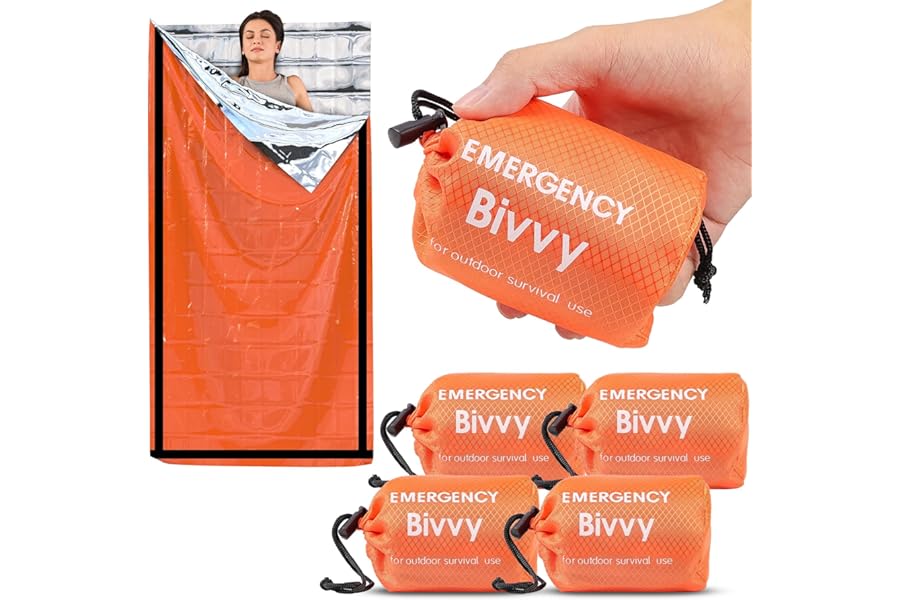Deecam Emergency Sleeping Bag, 4 Pack Survival Bivy Sack Mylar Thermal Emergency Blanket Waterproof Lightweight Portable Shelter for Camping Gear Hiking Travel Outdoor Activities Backpacking