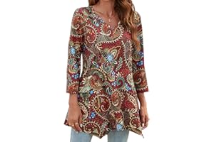 Enmain Damskie tuniki, długie, topy, z dekoltem w serek, z rękawem 3/4, casualowe, jednolity kolor, bluzka, koszula, dla kobiet