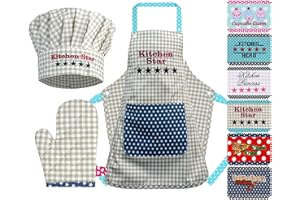 Emily´s Check Czapka kucharska + fartuch kuchenny + rękawica do garnków dla dzieci - 3-częściowy zestaw 1428.2002, gwiazda Kitchen Star, średni [7-12 lat]