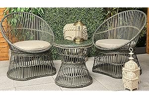Maison and Garden 2 Seater Rattan Cushioned Bistro Set 2 Chairs with 1 Round Bistro Table Indoor Outdoor - Grey/Beige Colour