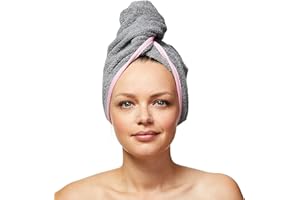 ‎SOWEL Sowel® Haarturban aus 100% Bio-Baumwolle, Turban Handtuch mit Knopf, Damen und Herren, Grau/Pink