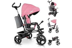 KIDIZ® Tricycle 5 en 1 Tricycle pour Enfants avec Barre à Pousser Système de Guidage Tige à partir de 1 an en Marche Avant et arrière Sportif, Panier Sac Porte-Boisson Pare-Soleil Roues en Caoutchouc