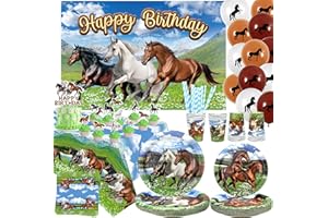 ENCETARDE Horse Birthday Party Decoration, Horse Party Supplies, Plates Cups Napkins Tablecloth Happy Birthday Backdrop Balloons Cake Toppers for Cowboy Horse Western Cowboy Boys Birthday Party Favors