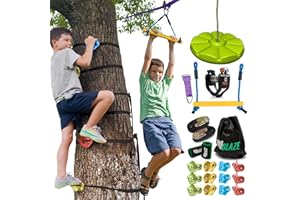 TRAILBLAZE Slackline Zipline Kit for Kids 21m - 12 Tree Rock Climbing Holds, Seat Swing, Ninja Warrior Obstacle Course for Kids - Zip Line Slack Line Kit Monkey Bar Tree Climbing Holds
