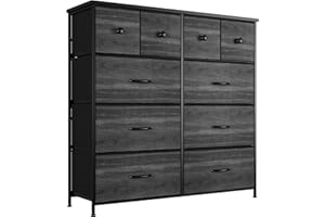 Nicehill Dresser for Bedroom with 10 Drawers, Storage Drawer Organizer, Tall Chest of Drawers for Closet, Clothes, Kids, Baby, Living Room, Wood Board, Fabric Drawers(Black Wood Grain)