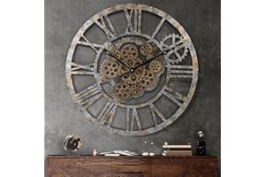 Lafocuse Horloge Murale Geante avec Engrenages Mobiles, Marron Industrielle Bois, Steampunk XXL Vintage Pendule Murale Retro, Chiffres Romains 57cm pour Salon Bar Bureau