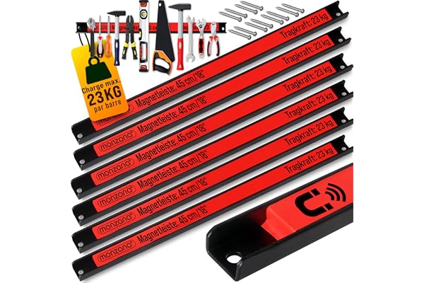 DEUBA® 6x Barre magnétique pour outils 45 cm aimant puissant rangement outils barre aimantée murale charge max. 23 kg