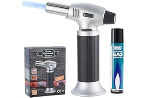 TOM Creme Brulee Brenner - MIT Gas befüllt – inkl. 1 x 100 ml Gas Kartusche zum Nachfüllen – Bunsenbrenner mit 1300°C Flamme – Küchenbrenner , Camping & Werkstatt – Flambierbrenner Küche