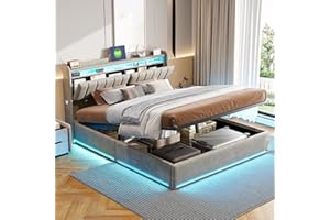 JDEFARF Tapicerowana rama łóżka podwójnego, 160 x 200 cm, system podnoszenia gazowego, szara aksamitna tkanina, LED, ładowanie przez USB, bez materaca (szaro-H, 160 x 200 cm)