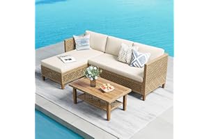 MFSTUDIO 5 Pieces Rattan Garden Furniture Set with Outdoor Coffee Table, Wicker Lounge Corner Sofa Set, Double Coffee Table for Extra Storage Space, Multiple crossbars to strengthen the support, Beige