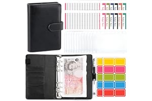 SEEDAWN A6 Budget Binder Planner - Leather Ring Binder Notebook with 12 Clear Plastic Cash Envelopes Pockets and 12 Expense Budget Sheet, Cash Organizer Money Saving Wallets for Travel and Diary (Black)