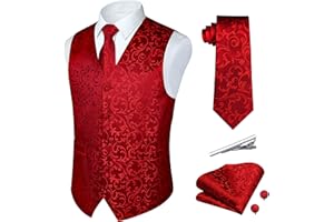Rithern Herren Weste Paisley Floral Jacquard Seide Krawatte Einstecktuch Taschentuch Set mit Manschettenknöpfen und Krawattenklammer Set für Hochzeitsfeier Anzug Weste Set
