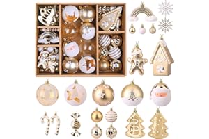 Alupssuc 65 Piezas Bolas de Navidad Set, 4-14cm Inastillables Plástico Arbol de Navidad Bolas, para Fiesta de Boda Decoraciones con Colgar Cuerdas, Oro Blanco