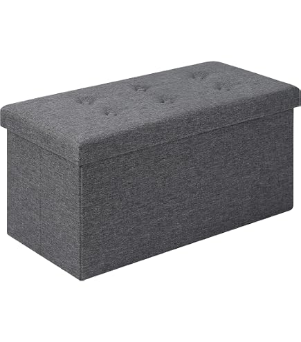 Pouf Pieghevole Briian & Dany - Cassapanca Contenitore, Blu Navy, Tessuto Simil-lino, Dimensioni 76x38x38 Cm