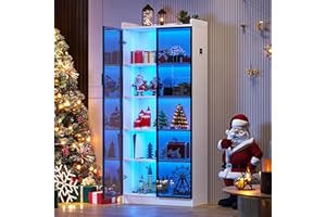 ‎FREDEES FREDEES Vitrine mit LED Beleuchtung, 5-stöckige Sammlervitrine mit Intelligente Sensorik, Acryl Standvitrine mit Verstellbaren Einlegeböden für Wohnzimmer Büro, Weiß