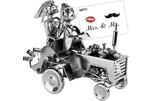 BRUBAKER Skruvfigur Bröllopspar på Traktor - Järnfigur av en Traktor med Blommor och Konservburkar - Bröllopspresent - Bröllo