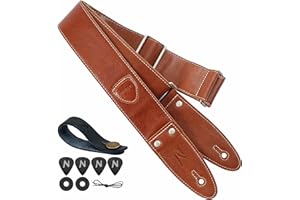 Nefelibata - Correa de guitarra de piel de grano completo con bolsa para púas para bajo, guitarra eléctrica y guitarra acústica, Ab# - Marrón Café, 6.81 centimeters