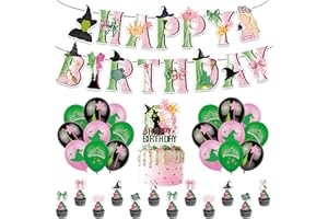 DABAOOU Green and Pink Party Decoration, Balloons, Cupcake Topper, Banner and Cake Topper Set for Witch Princess Themed Movie Party Disco Cosplay Birthday Table Decor Supplies