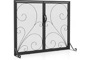 COSTWAY Fire Guard with Double Doors, Wrought Iron Mesh Fireplace Screen with Floral Decoration, Stable Support Rear & Front Brackets, Spark Flame Barrier Safety Fence for Log Burner