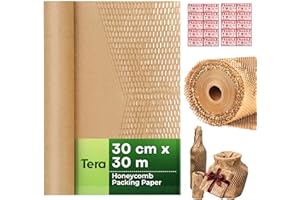 Tera Wabenpapier Verpackungsmaterial Rolle 30 cm x 30 M Verpackungspapier: 80gsm mit 20 Fragile Aufkleber 1,6-fach Luftpolsterfolie-Alternative Dehnbar ECO Recycelbar Packpapier zum Verpacken Umzug