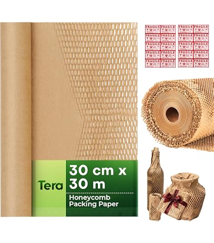 Carta A Nido D'ape Kraft - Rotolo 30 Cm X 30 M, Estensibile 1.6x, 80 Gsm, Con 20 Adesivi Fragile, Per Imballaggi E Traslochi