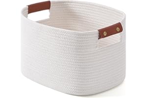 GYBOOM Woven Cotton Rope Storage Basket,Decorative Woven Basket,Decorative Baskets with Detachable Leather Handles for Closet Storage,Woven Baskets For Toy,Blanket, Book Storage(1 pack,White)