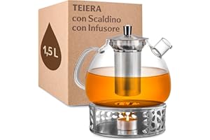 Cosumy Teiera con Infusore con Scaldino - 1,5l Vetro Borosilicato - Lavabile in Lavastoviglie - Resistente al Calore - Grandi Teiera