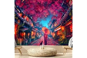 FENDROM Japanese Anime Tapestry Ancient Japanese Night Street Landscape Tapestries, Red Cherry Blossom Lantern Wall Hanging For Living Room Bedroom Dorm