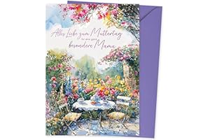 Absolutely Yours Muttertagskarte für Mama, Gartentisch-Design, rosa und blau, mit passendem Umschlag, Größe 210 x 148 mm, wenn gefaltet. Die Karten sind mit Pink Foiled Text verziert.