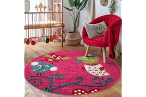 CARPETTEX TEPPICH Tapis pour Filles avec Design de Chouette pour Chambre de bébé, Tapis pour Chambre d'enfant, Facile à Entretenir, Couleur: Violette, Taille: 120 cm Rond