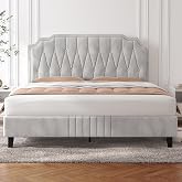 Yaheetech Velvet Upholstered Bed Frame 160 x 200 cm Beige | Double Bed with Headboard Height Adjustable Metal and Wood Struct